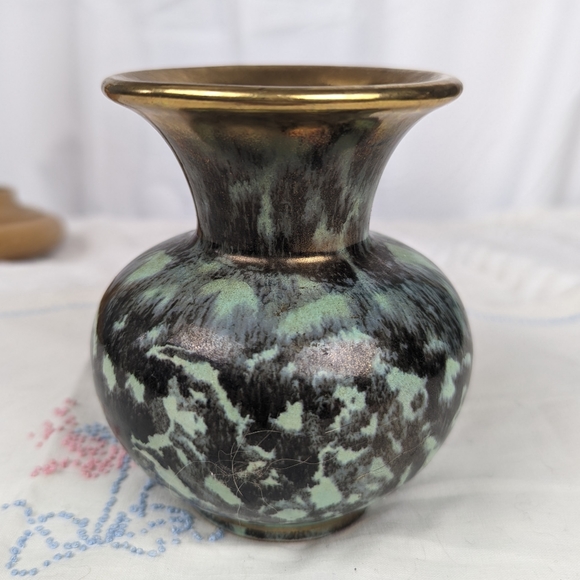 Vintage Mid-Century Fohr Keramic 320-0 Vase Turquoise Black Lava Glaze Gold Ger - Picture 1 of 9